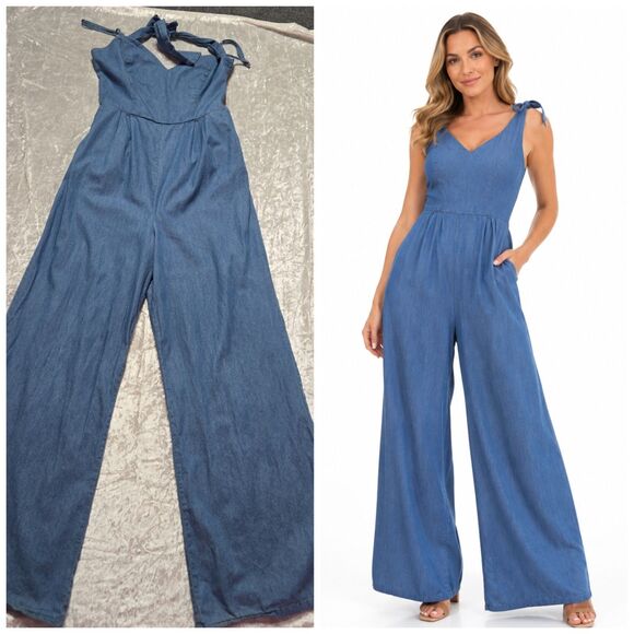 Lovers + Friends Pants - Lover's + Friends Gardenia Blue Wide-Leg Cotton Chambray Jumpsuit Size Large